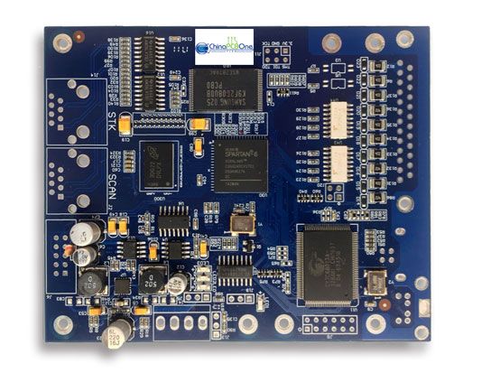 Assembled blue circuit board with chips, connectors and the ChinaPCBOne mark