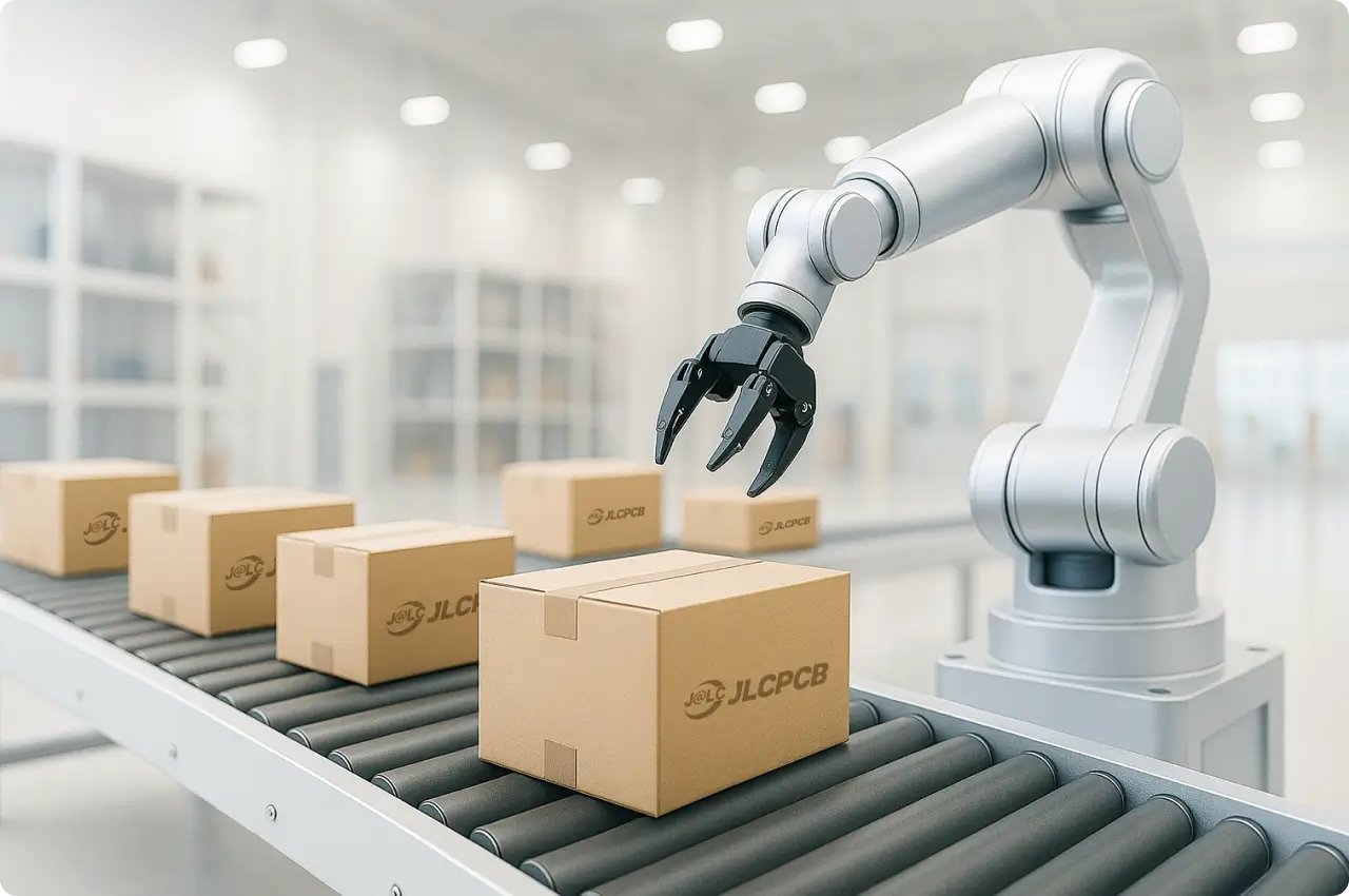 Robotic arm on a conveyor line in a JLCPCB factory