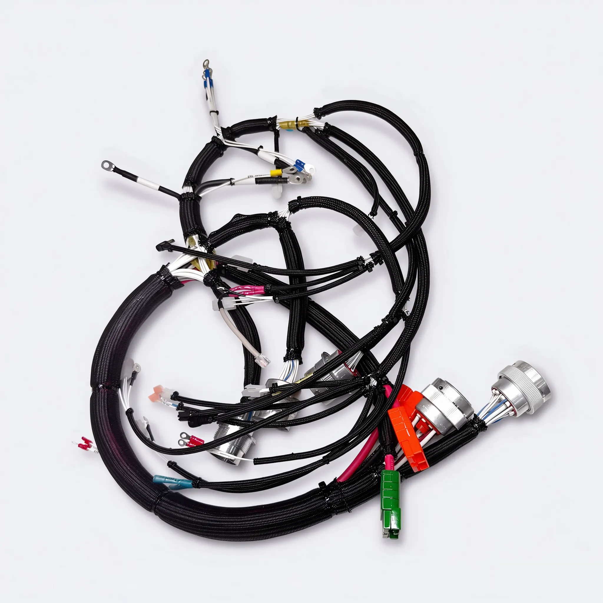 Black sleeved wire harness with ring terminals and circular connectors