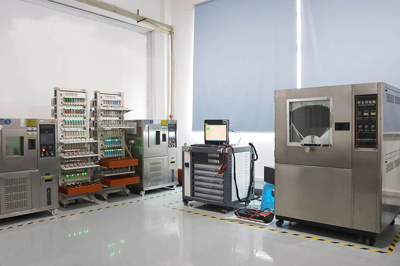 Battery test lab with climate chambers and charge-discharge test racks