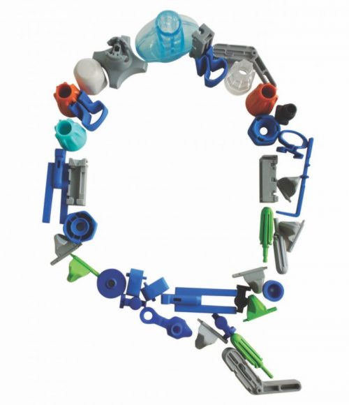 Molded plastic medical device parts arranged in a ring