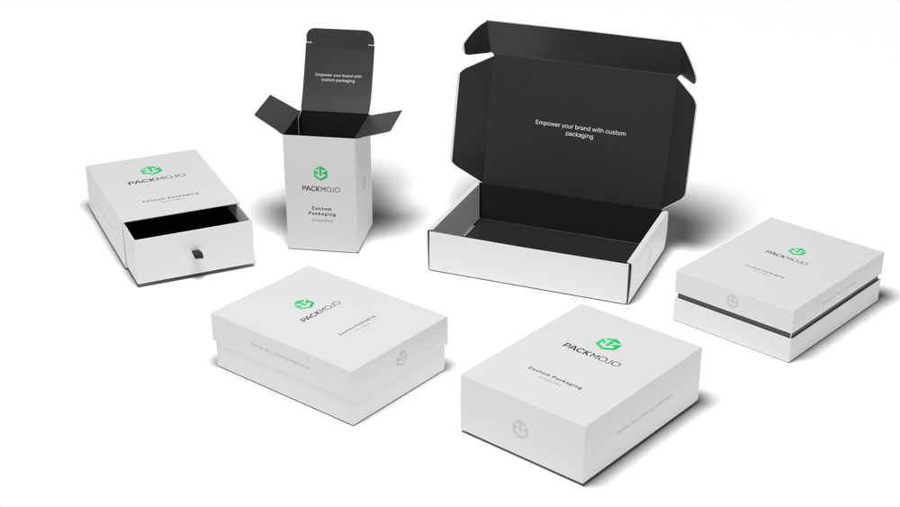 Rendered mockup of PackMojo box styles: drawer box, folding carton, mailer box and lid-and-base rigid boxes