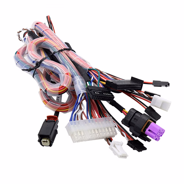 Custom wiring harness with multicolored wires and several connectors