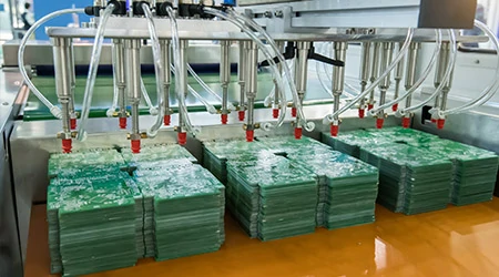 Automated machine heads working over stacks of green circuit board panels