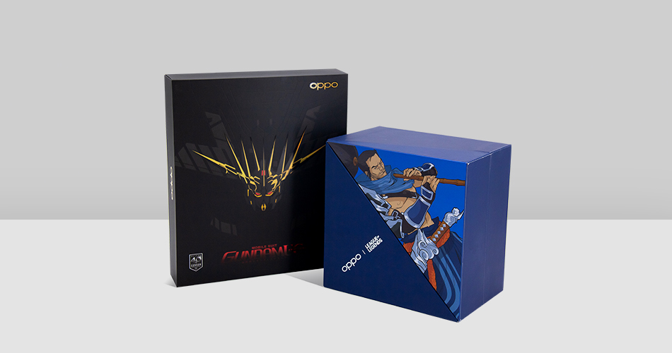 Two printed rigid gift boxes for OPPO phones shown on Voion's rigid set-up box page
