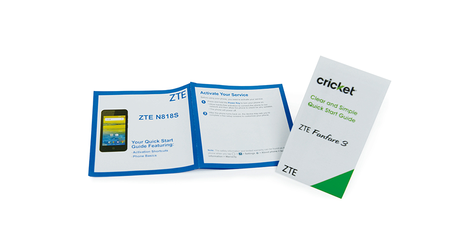 Printed quick-start guides for ZTE phones shown on Voion's books and manuals page