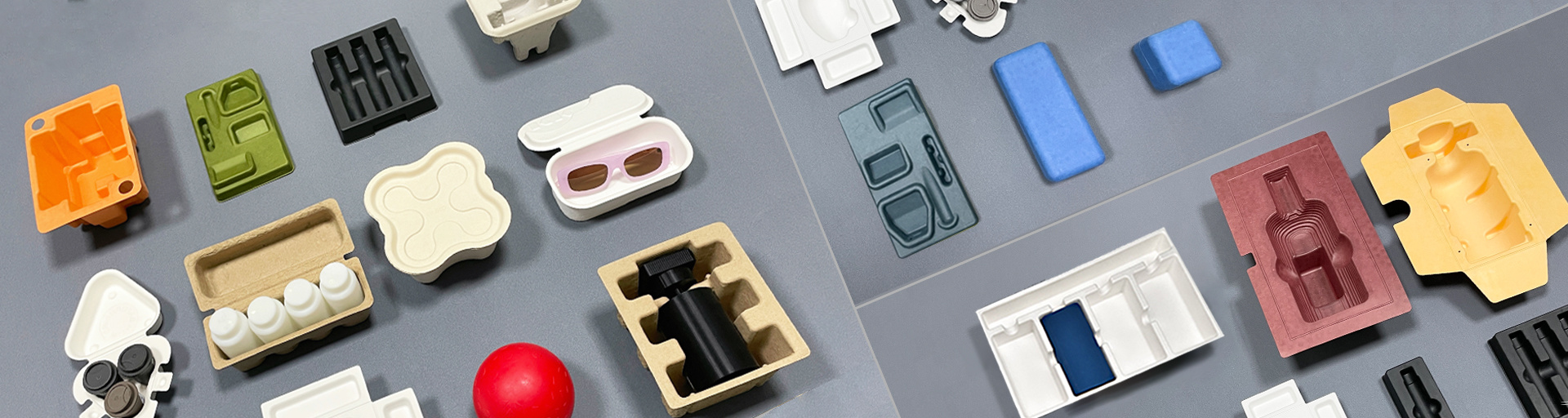 Assorted molded pulp trays in different colors and shapes
