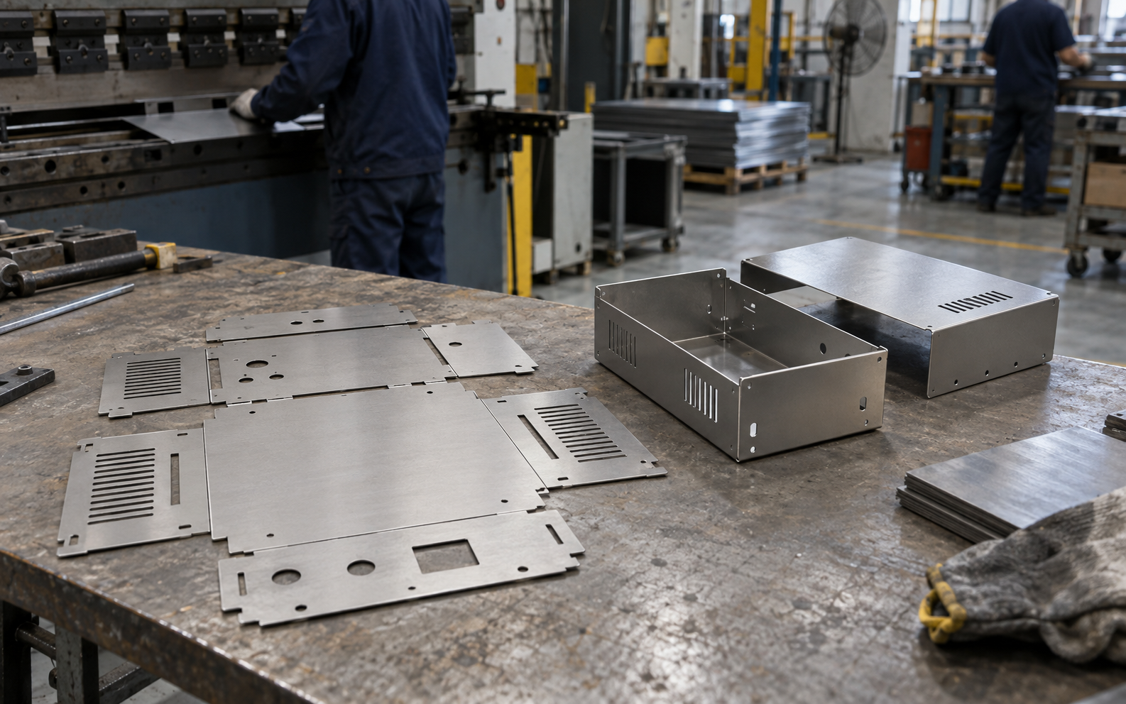 Sheet-metal enclosure parts laid out: flat laser-cut blanks next to the same parts folded into a box