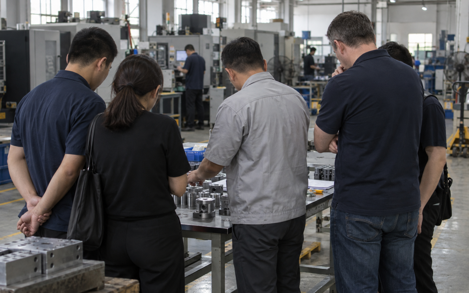 A small group reviewing parts on a factory floor with a production manager during a factory visit