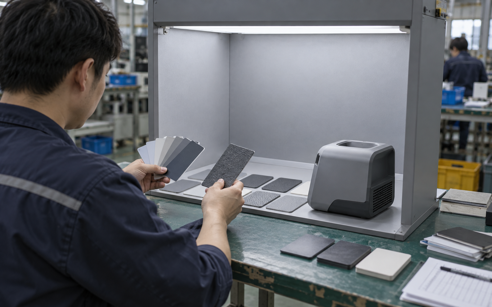 A designer comparing colour chips and textured sample plaques under a light booth