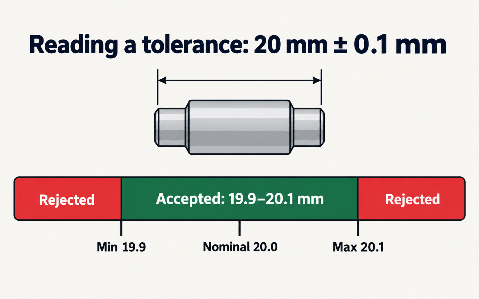 Reading a tolerance: 20 mm ± 0.1 mm
