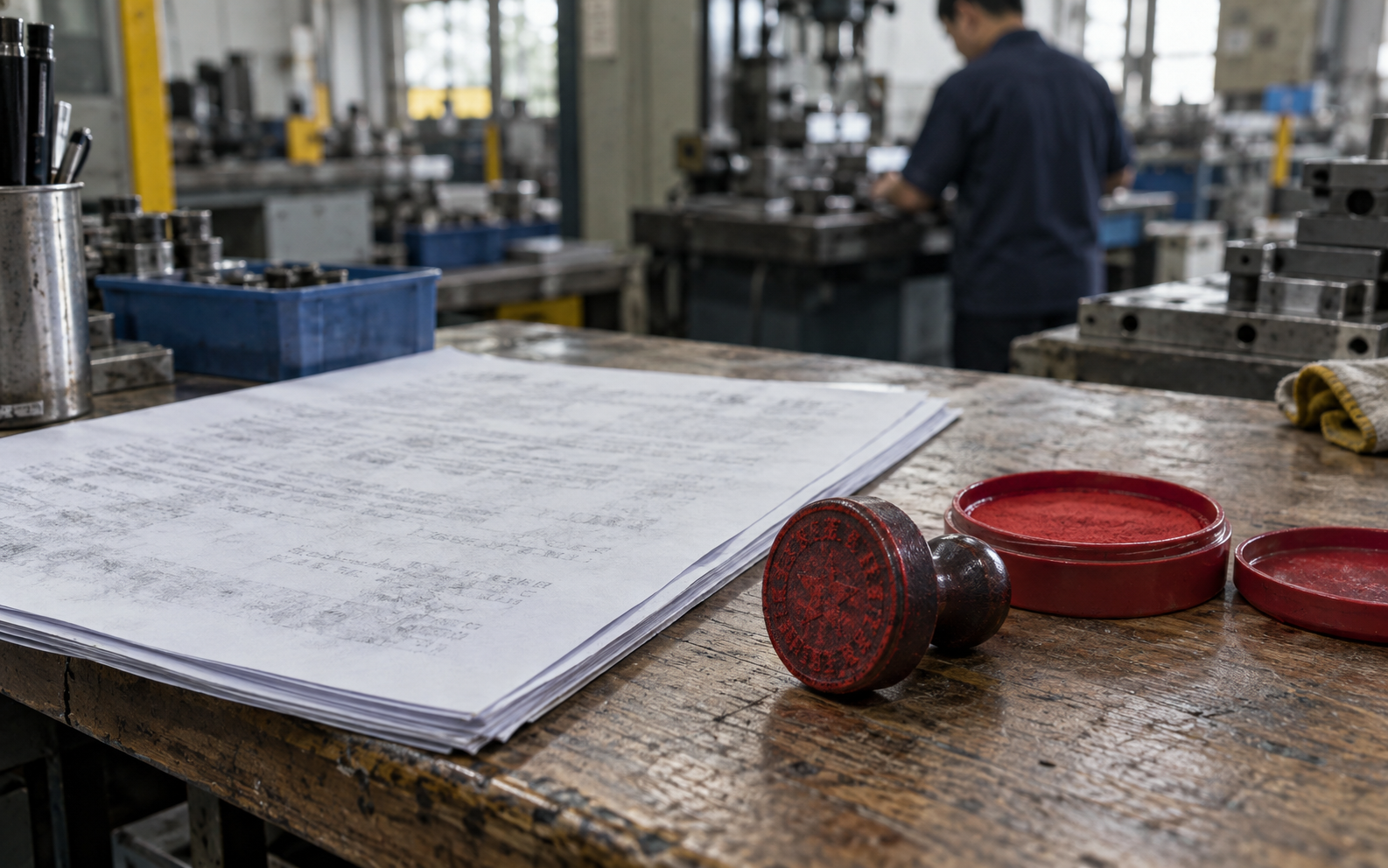 A contract on a desk next to a red company seal (chop) and an ink pad
