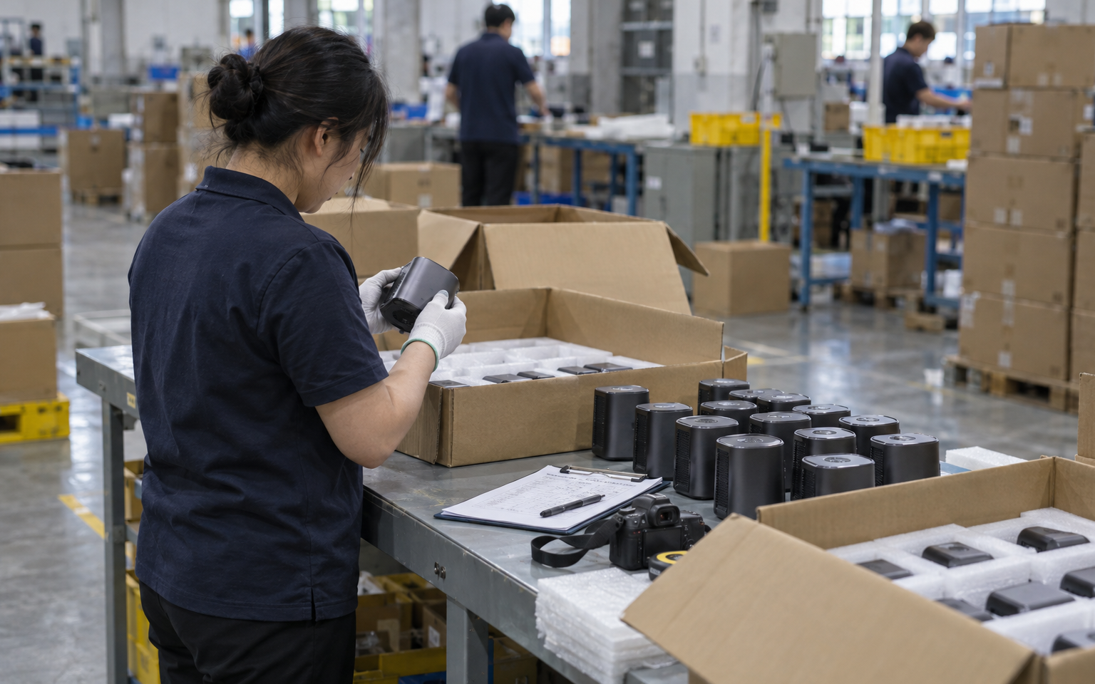 A quality inspector checking finished products and cartons on a factory inspection table