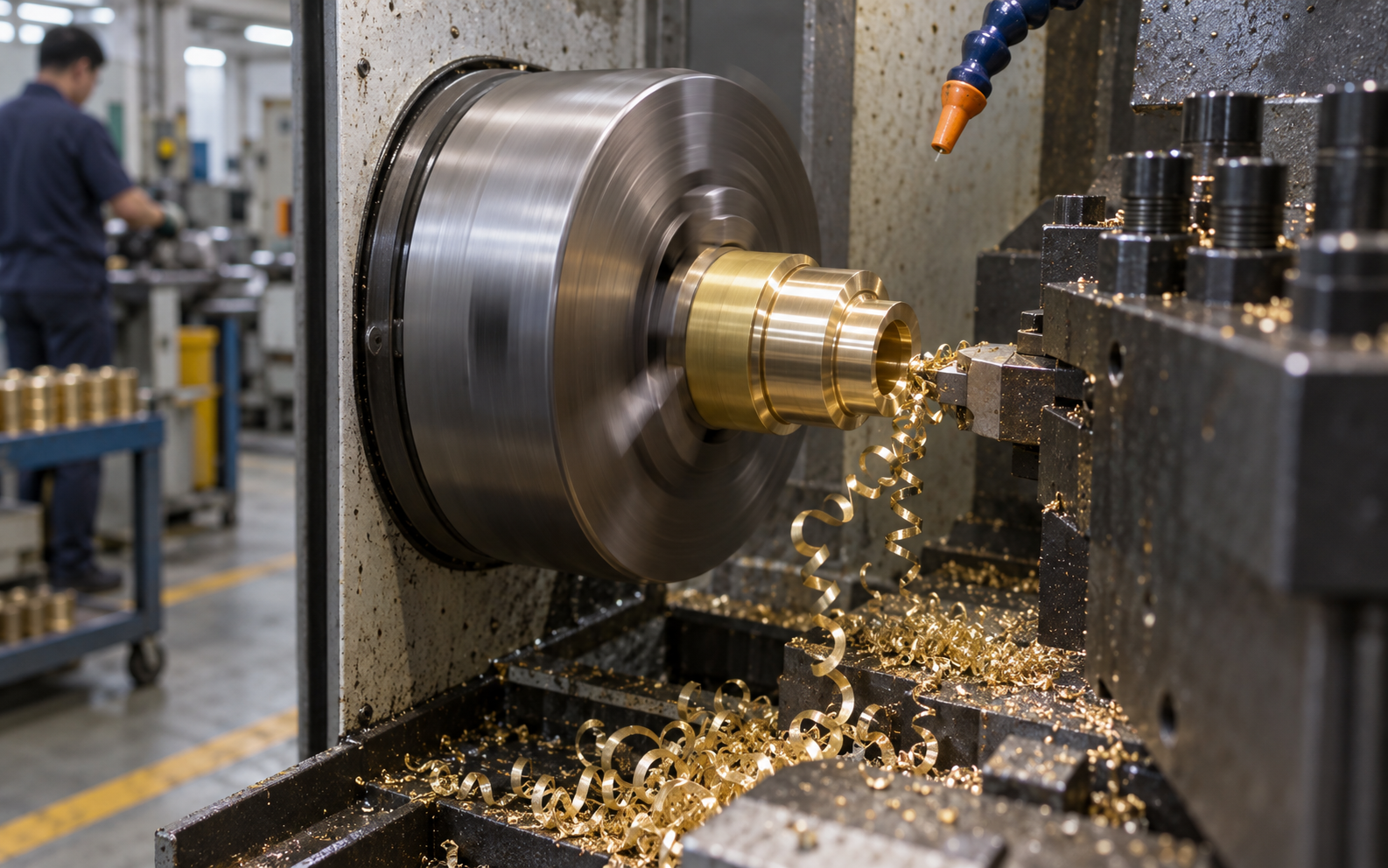 A CNC lathe turning a round brass part