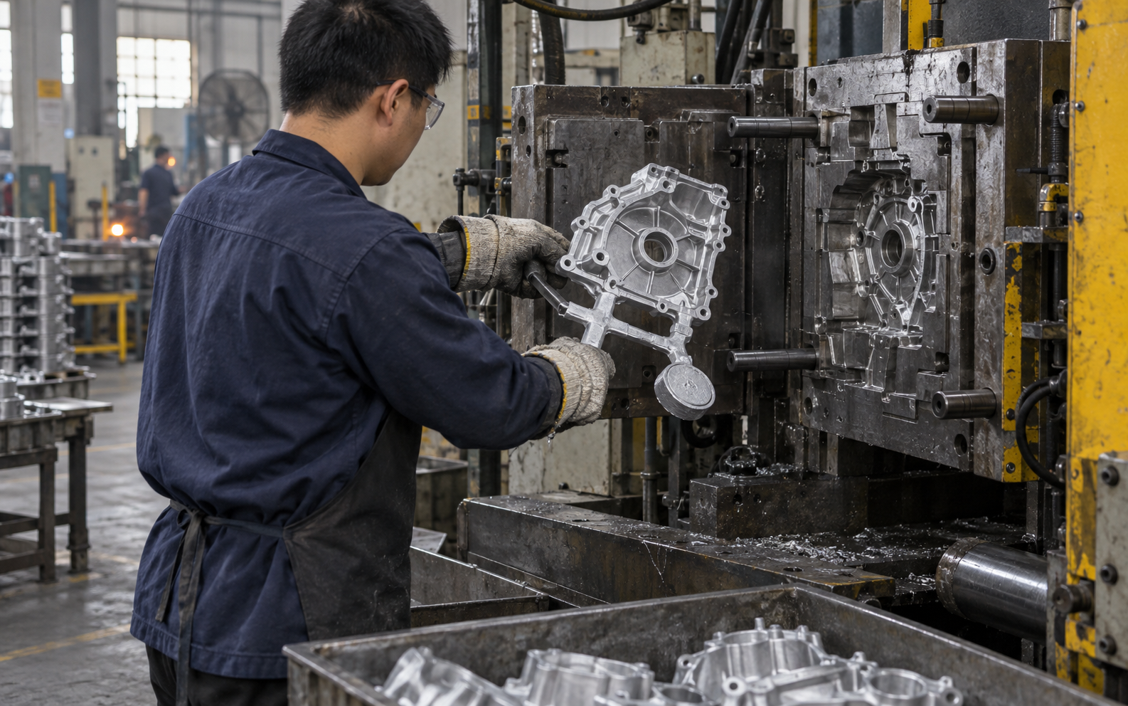 A die casting machine with the die open and a freshly cast aluminum part being removed