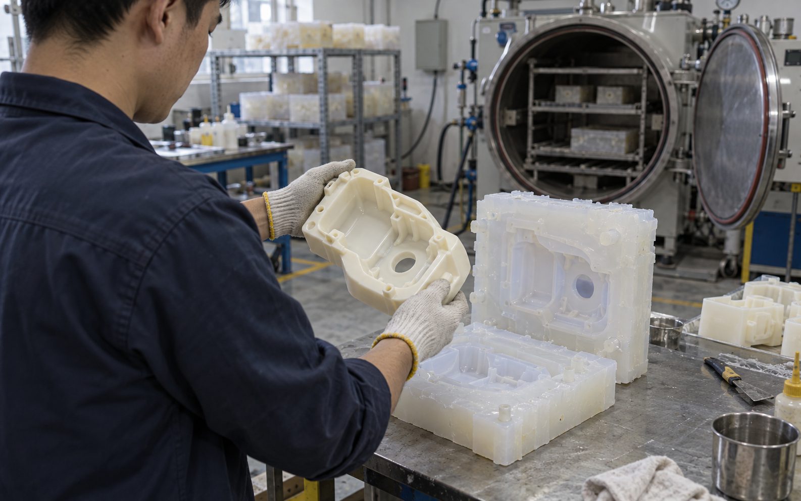 A technician lifting a cast part out of a cut-open silicone mold next to a vacuum casting chamber